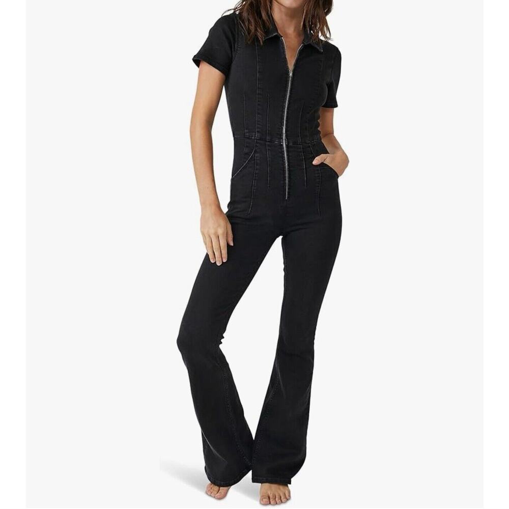 Free People We The Free Jayde Flare Jumpsuit Womens S Black Zip Stretch Denim